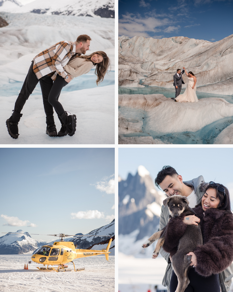 Juneau helicopter elopement collage featuring couples on blue glacier ice, a yellow helicopter, and a couple cuddling a sled dog.